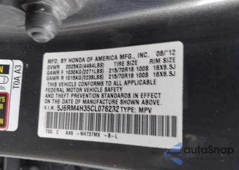 2012 Honda Cr-V Lx z USA, uszkodzony, nr VIN 5J6RM4H35CL076232